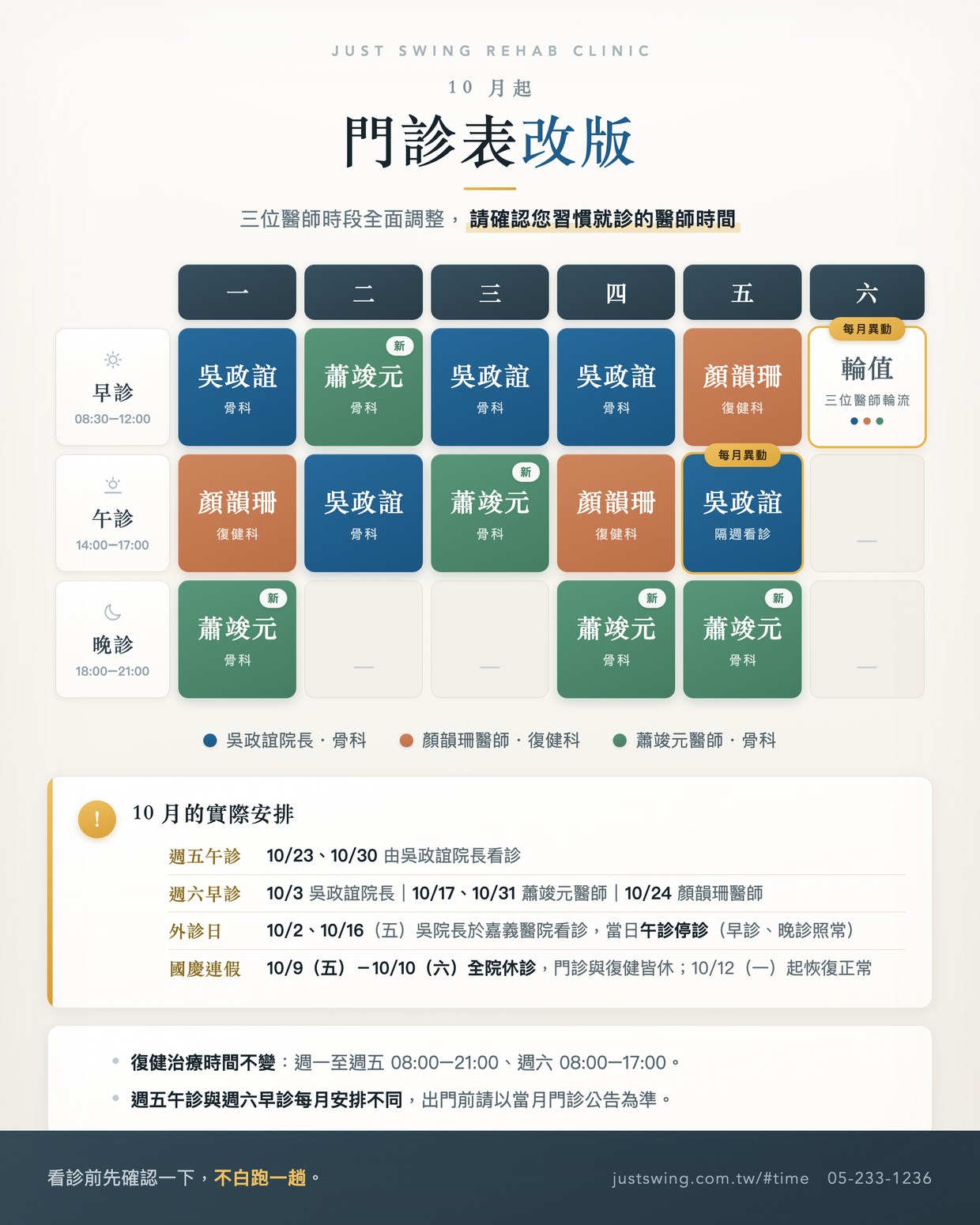 嘉韻骨科復健科診所 10 月起新版門診表:三位醫師時段、週五午診與週六輪值安排