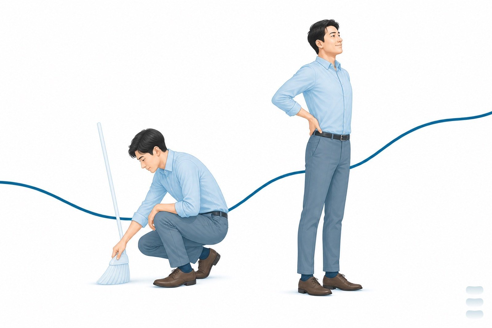 插畫:同一位成年人的兩個狀態,左邊蹲在地上彎腰整理、旁邊立著一支掃帚,右邊已經站直、一手輕扶下背舒展,一條深藍色的節奏線從左側低處下沉後平順抬升,從右側較高的位置離開。