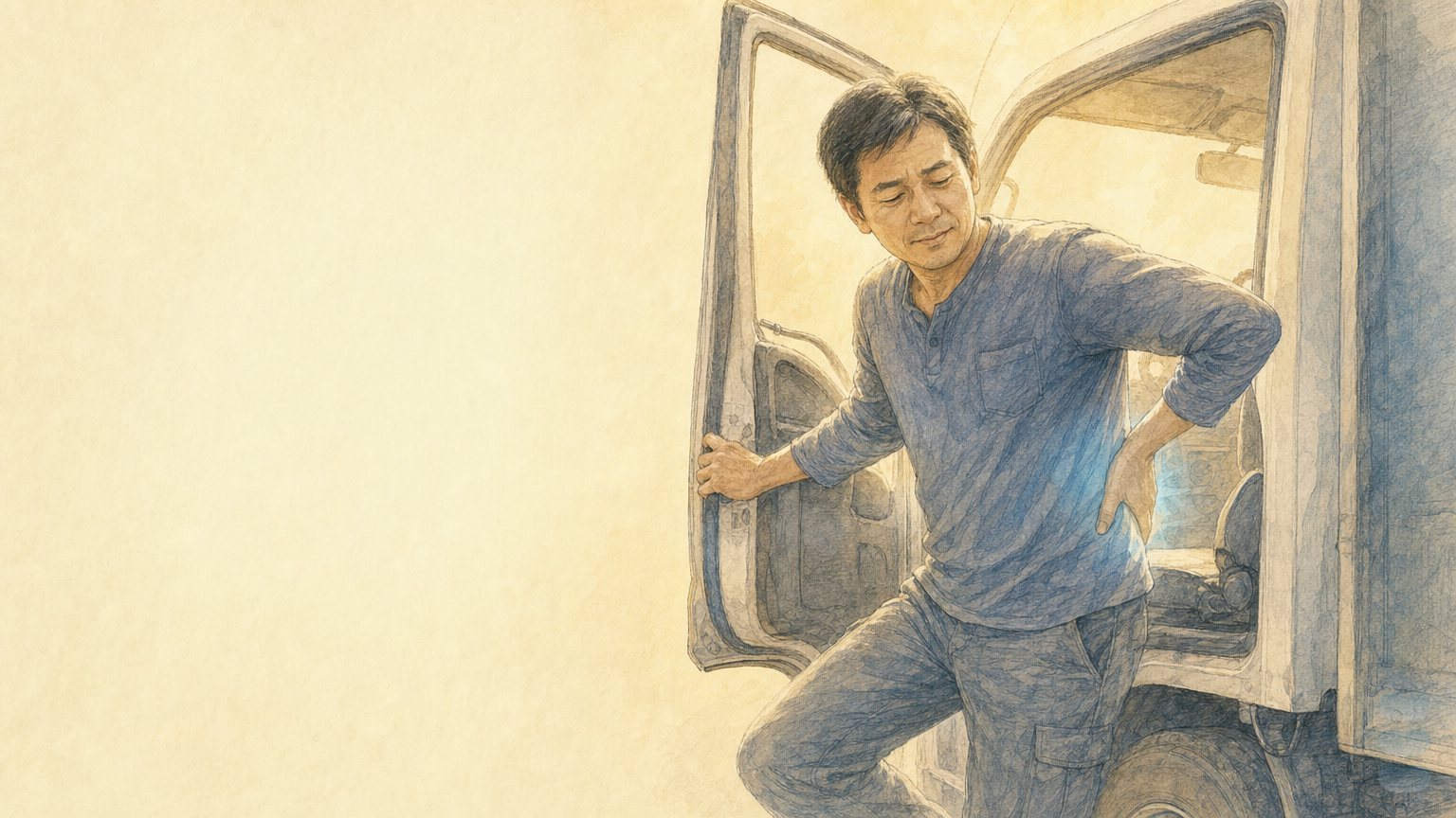 溫暖敘事插畫:貨車司機下車瞬間手扶下背,下背處有淡藍色疼痛暈