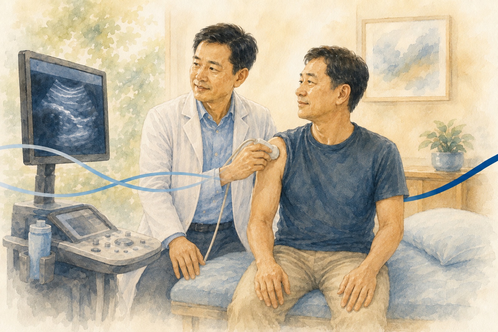 水彩插畫:嘉義嘉韻骨科復健科診間裡,男醫師右手持超音波探頭輕靠在病人肩上,與病人一起看向螢幕上的抽象超音波影像;兩條藍色細線穿過畫面匯聚成一條深藍曲線,象徵開不開刀的兩難經檢查與討論後收斂成清楚的路