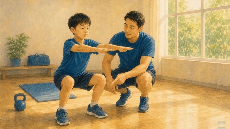 暖調水彩插畫:約十二三歲的男孩在體育館做徒手深蹲,一位成年教練蹲在側前方一步的距離比著他的膝蓋方向做提示