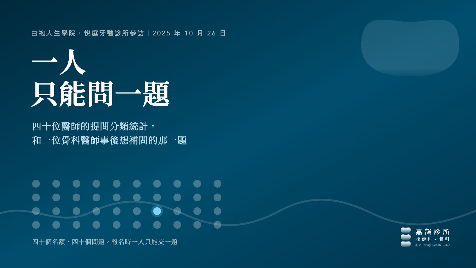 白袍人生學院悅庭牙醫診所參訪主視覺:一人只能問一題,四十個圓點中有一個亮起,代表四十位醫師報名時各交出一題
