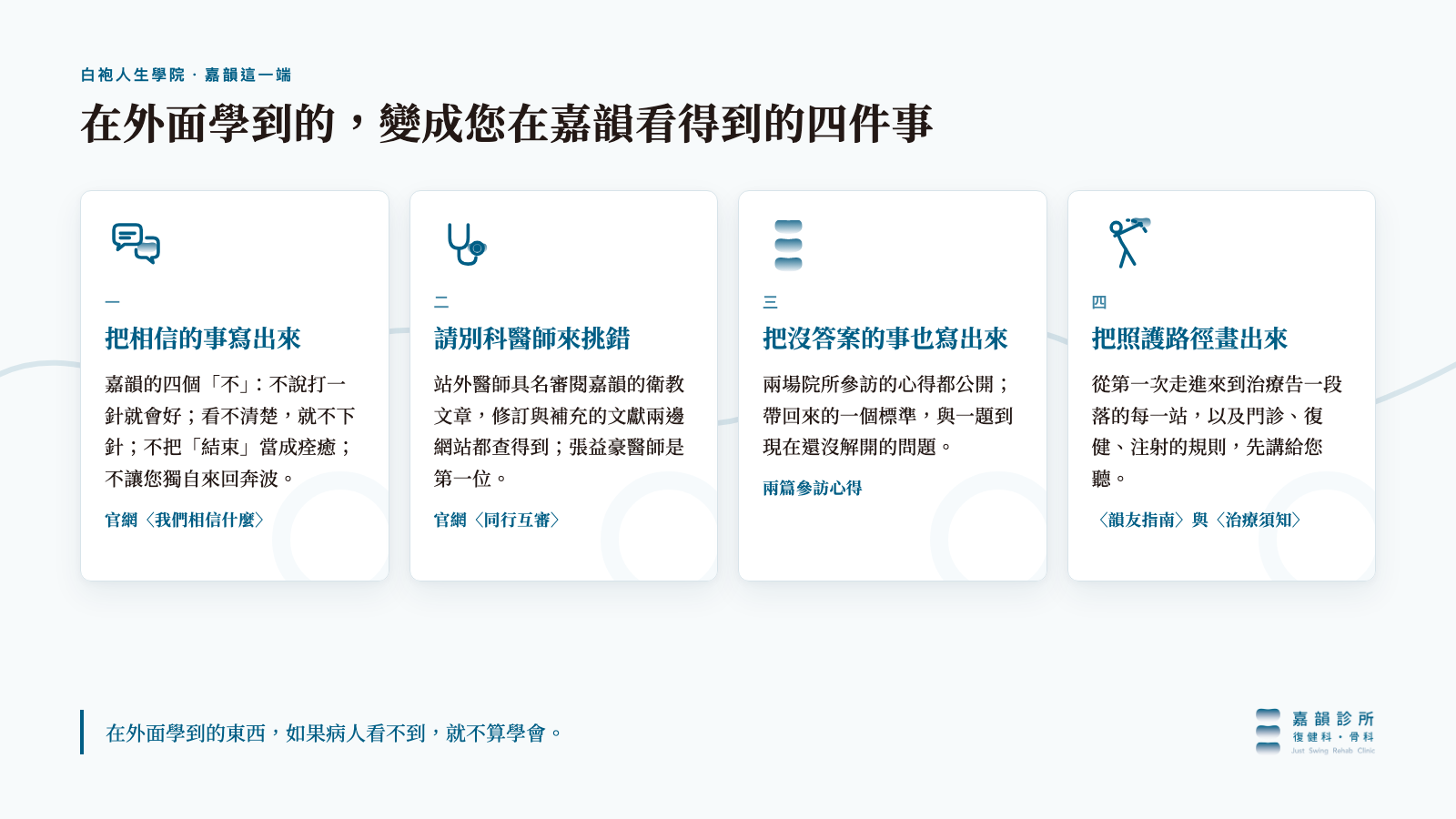 資訊卡:嘉韻把在白袍人生學院的學習整理成四類公開紀錄:信念、同行互審、參訪心得,以及照護路徑與團隊資訊
